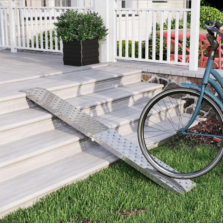 Foldable, Non-Slip Motorcycle Loading Ramp with Safety Strap, Steel, Silver