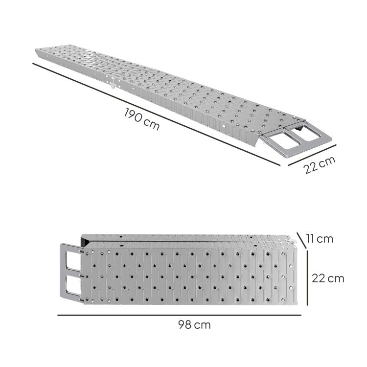 Foldable, Non-Slip Motorcycle Loading Ramp with Safety Strap, Steel, Silver
