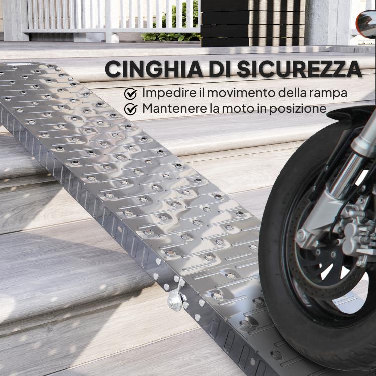 Foldable, Non-Slip Motorcycle Loading Ramp with Safety Strap, Steel, Silver