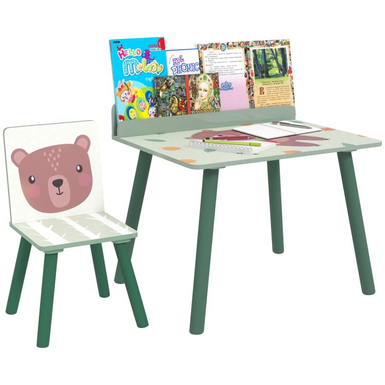 Children Chair and Table Set with Storage Shelf, in MDF and Pine Wood, Green