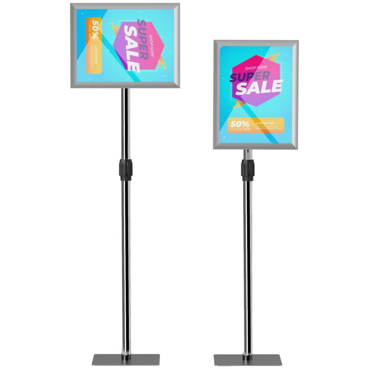 A3 Poster Display Stand, Adjustable Height and Angle, 360 Degree Rotating Frame, Aluminum and Stainless Steel (Silver)