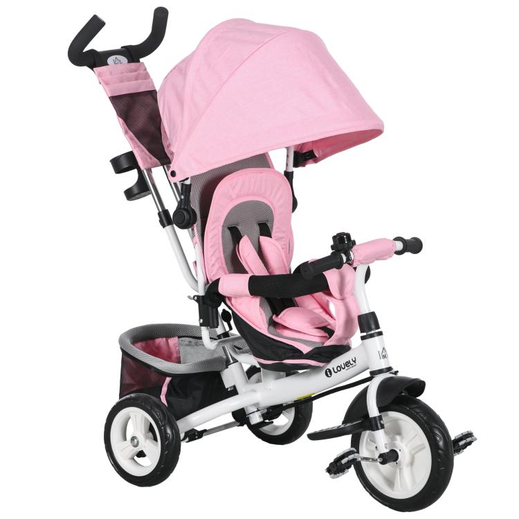 Tricycle for Children Aged 1–5 with Push Handle and Adjustable Canopy, 102x49x102 cm, White and Pink