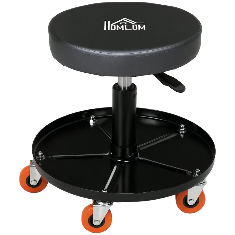 Workshop Stool with Wheels and Tool Tray, Height-Adjustable and Swivel, ?40x25-48cm, Black