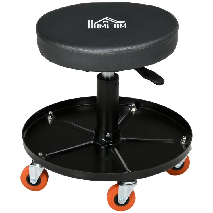 Workshop Stool with Wheels and Tool Tray, Height-Adjustable and Swivel, ?40x25-48cm, Black