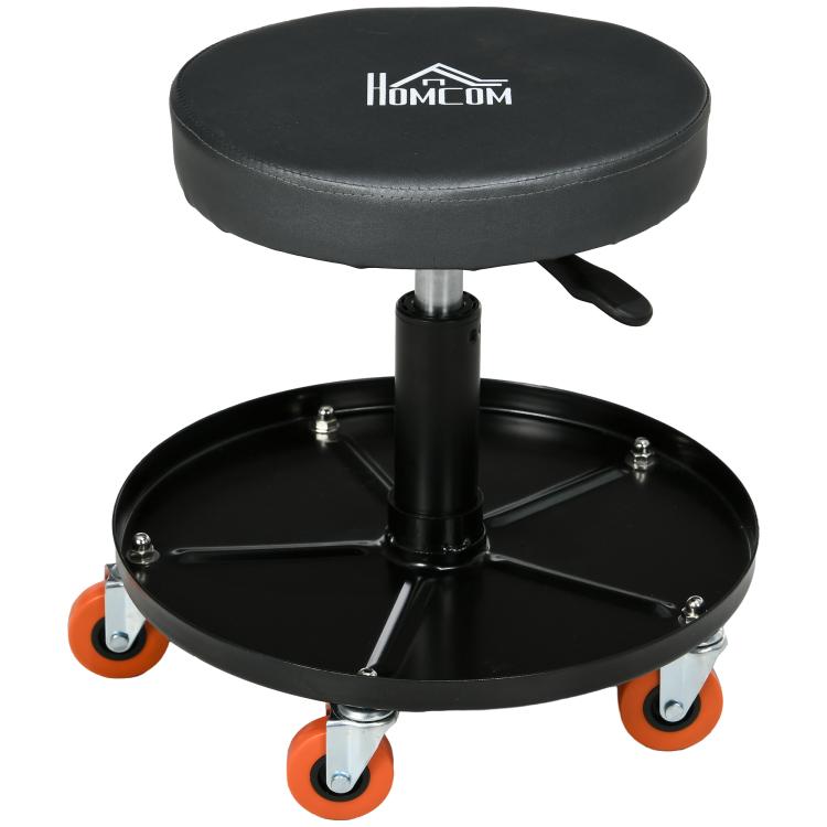 Workshop Stool with Wheels and Tool Tray, Height-Adjustable and Swivel, ?40x25-48cm, Black