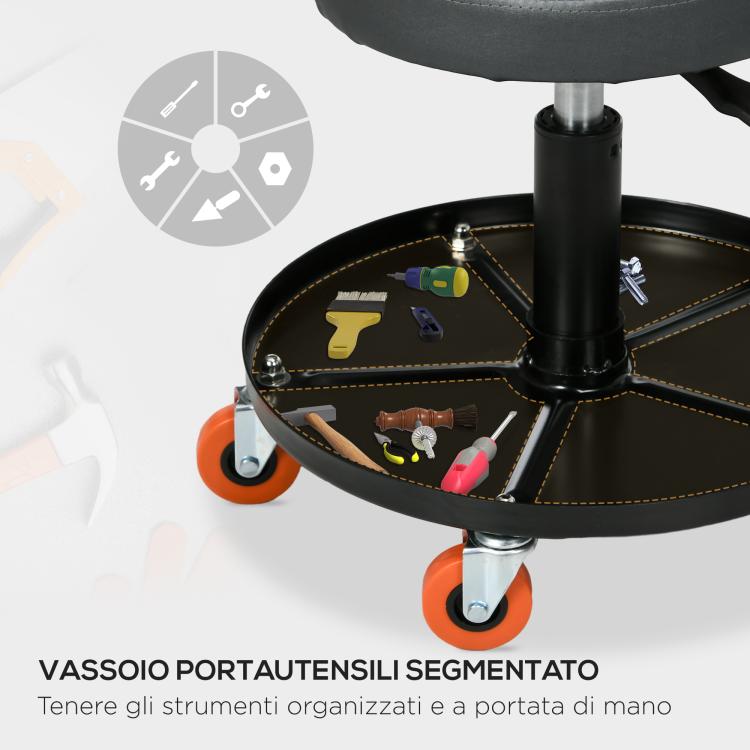 Workshop Stool with Wheels and Tool Tray, Height-Adjustable and Swivel, ?40x25-48cm, Black