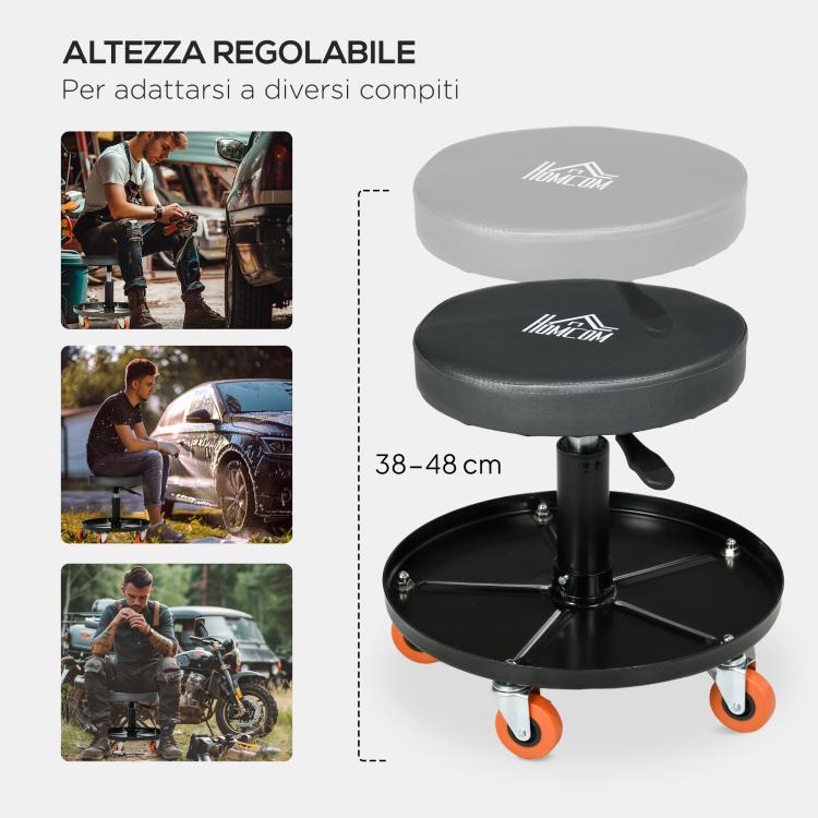 Workshop Stool with Wheels and Tool Tray, Height-Adjustable and Swivel, ?40x25-48cm, Black