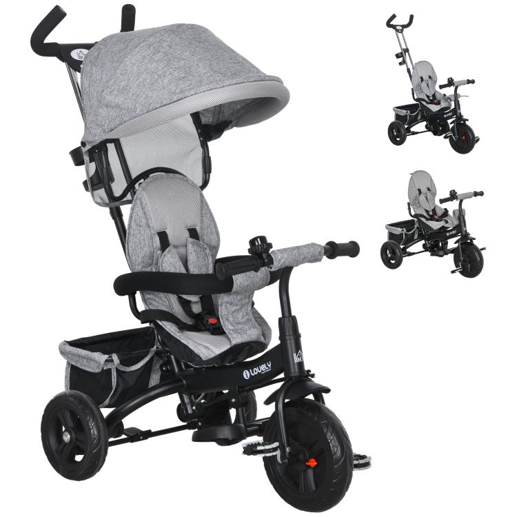 Children's Tricycle with 6-in-1 Handle, Adjustable Canopy and Safety Belt, Ages 1-5 Years, Grey