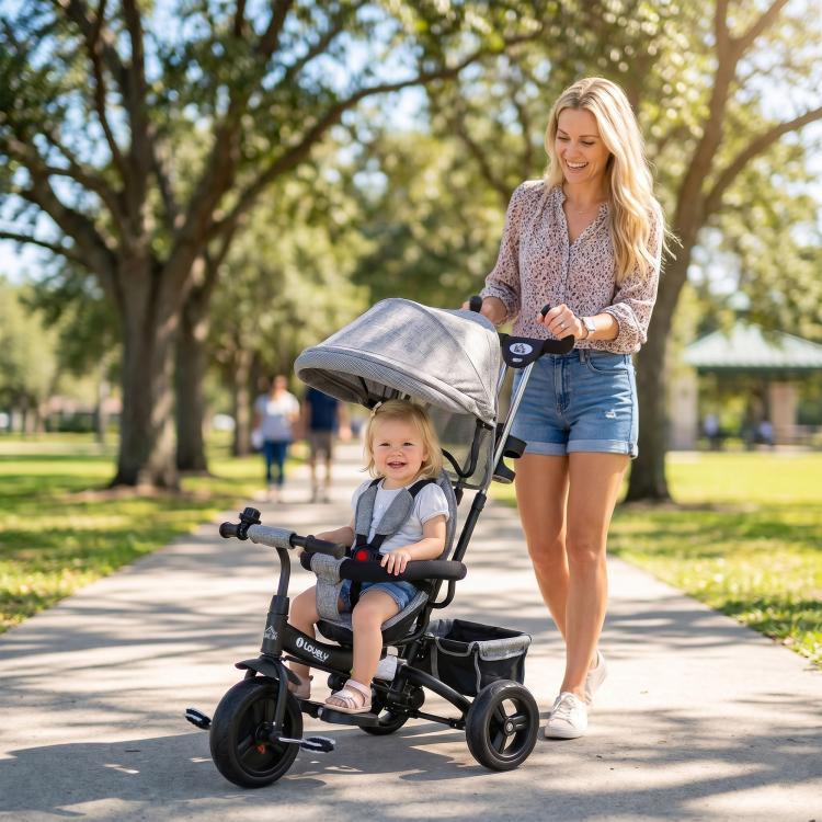 Children's Tricycle with 6-in-1 Handle, Adjustable Canopy and Safety Belt, Ages 1-5 Years, Grey — view 3