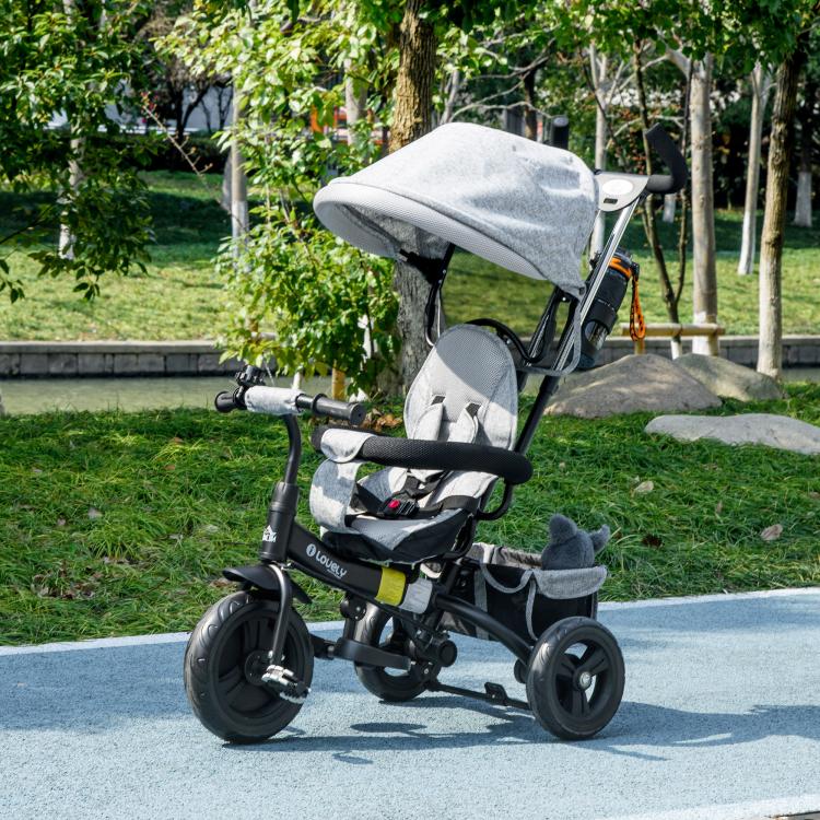 Children's Tricycle with 6-in-1 Handle, Adjustable Canopy and Safety Belt, Ages 1-5 Years, Grey — view 4