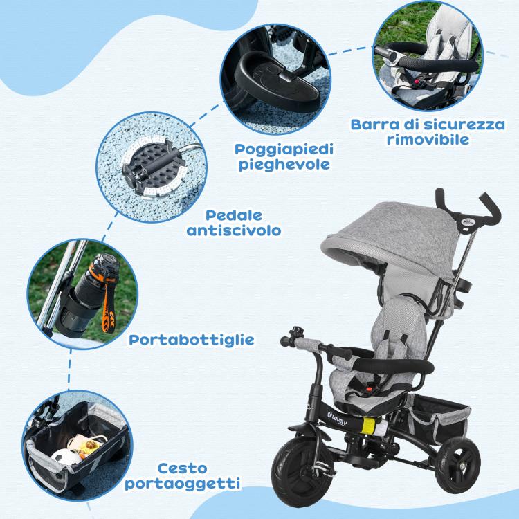 Children's Tricycle with 6-in-1 Handle, Adjustable Canopy and Safety Belt, Ages 1-5 Years, Grey — view 8