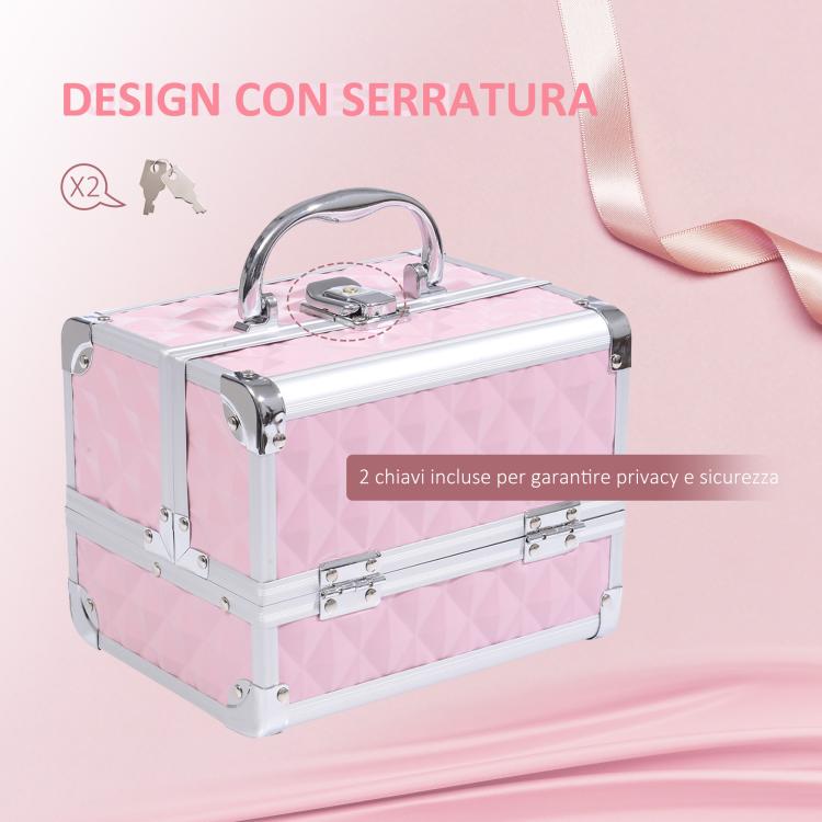 Makeup Case with Aluminum Trim, Handle, and Cantilever Tray, 20x15x15cm, Pink — view 6