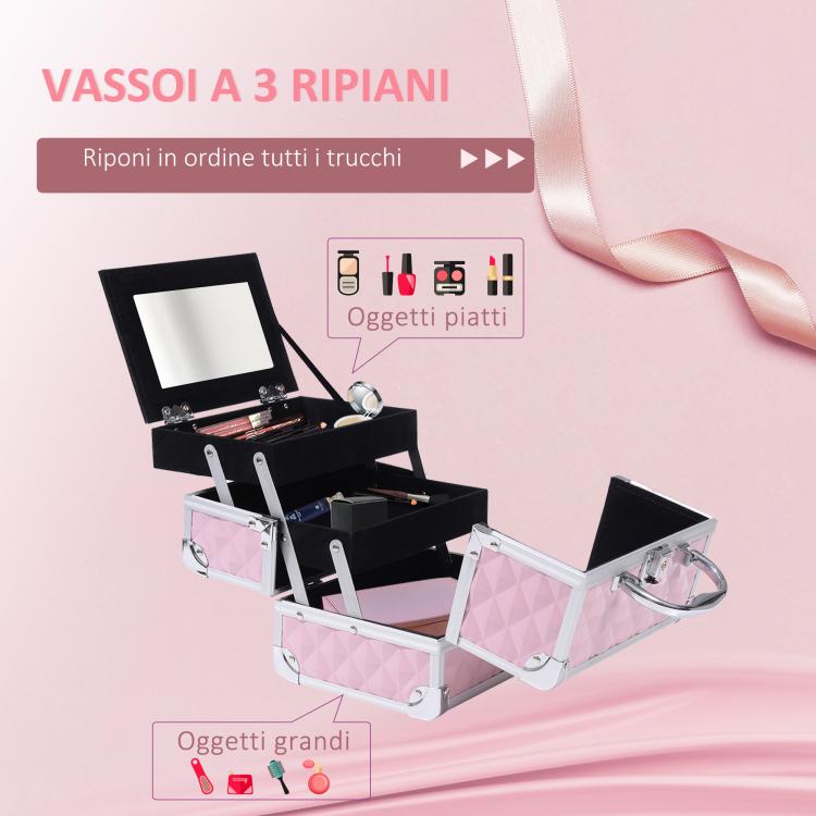 Makeup Case with Aluminum Trim, Handle, and Cantilever Tray, 20x15x15cm, Pink — view 8
