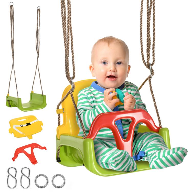 3-in-1 Baby Swing, Adjustable Rope Swing with Safety Belt and T-Bar, PP and PE, for 9-36 Months, 42 x 33 x 120-180 cm (Green)