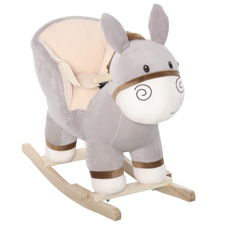 Wood and Plush Donkey-shaped Rocking Horse with Realistic Sound Effects, For Children Aged 18–36 Months, Grey