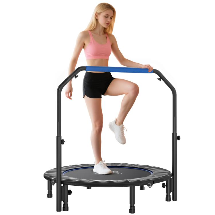 Folding Trampoline with Adjustable Handle, Steel Frame for Leg and Body Training, Blue and Black