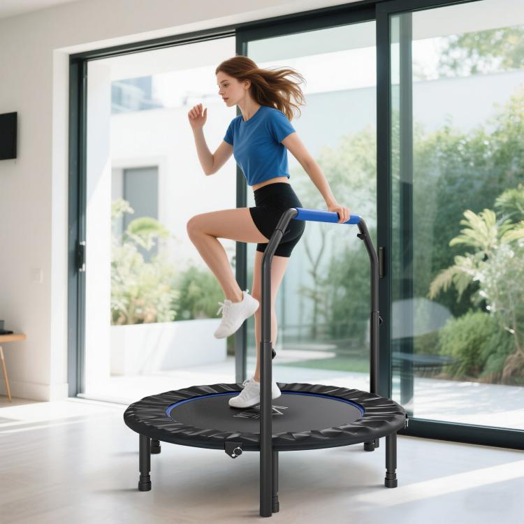 Folding Trampoline with Adjustable Handle, Steel Frame for Leg and Body Training, Blue and Black