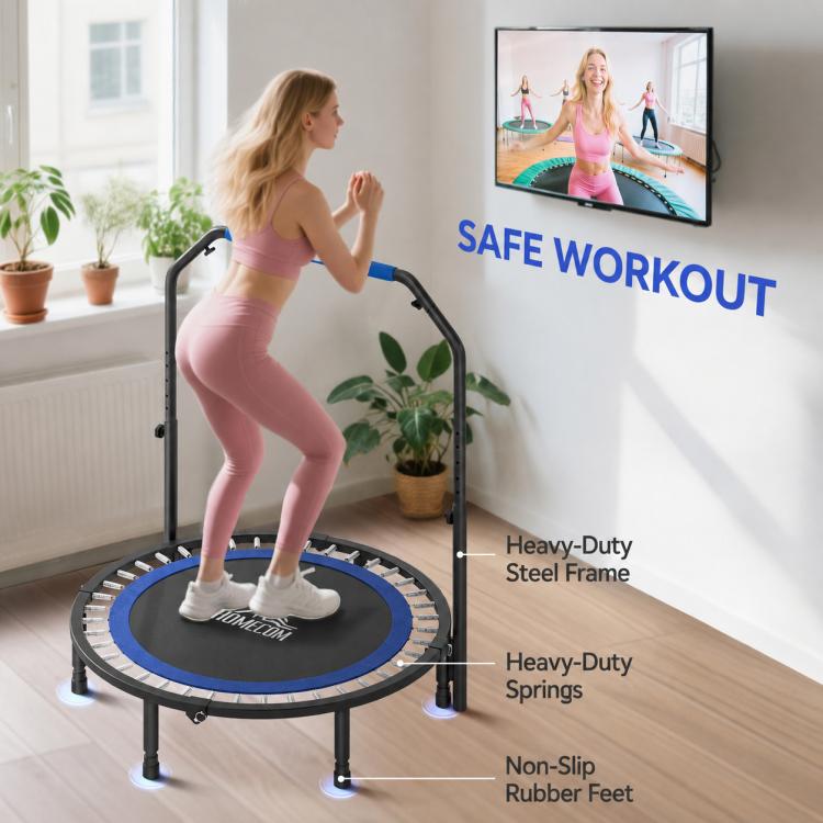 Folding Trampoline with Adjustable Handle, Steel Frame for Leg and Body Training, Blue and Black