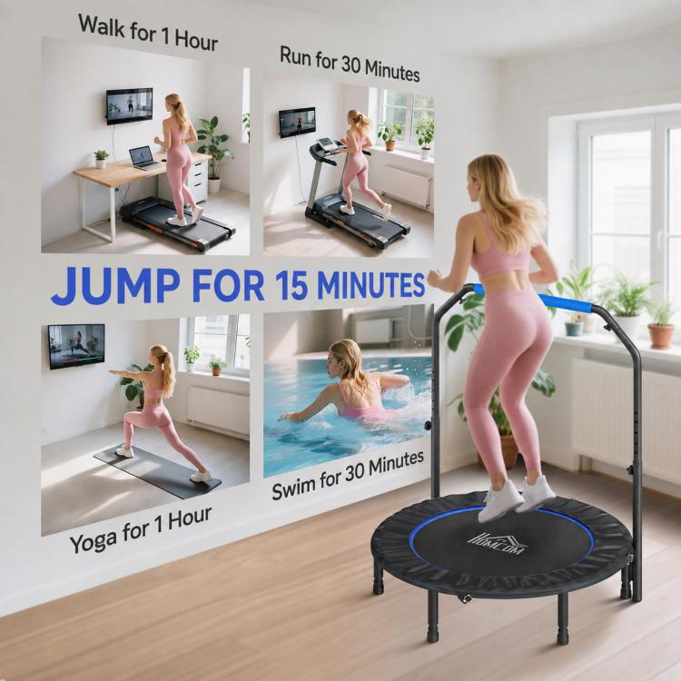 Folding Trampoline with Adjustable Handle, Steel Frame for Leg and Body Training, Blue and Black