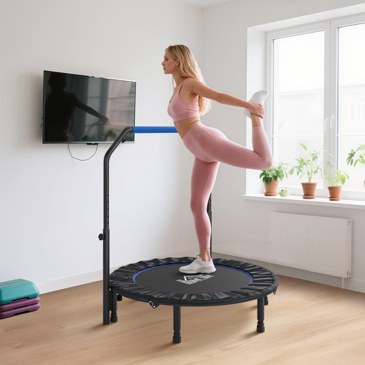 Folding Trampoline with Adjustable Handle, Steel Frame for Leg and Body Training, Blue and Black