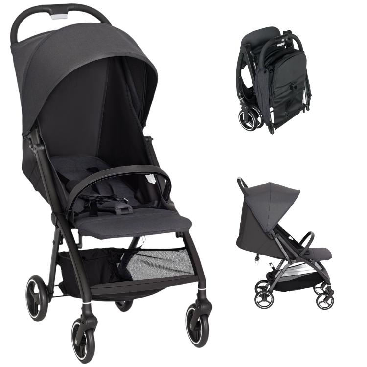Foldable Baby Stroller with Reclining Backrest, Adjustable Footrest, Canopy, Basket, Harness, 15 kg Load Capacity, Dark Grey