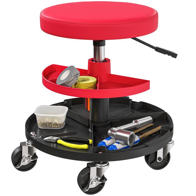 Swivel Workshop Stool with Wheels, Adjustable Height (40–51 cm) and 2 Trays, 135 kg Load Capacity – Red (for Garage)
