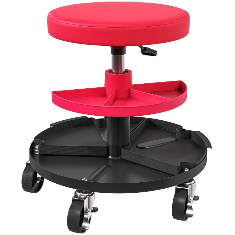 Swivel Workshop Stool with Wheels, Adjustable Height (40–51 cm) and 2 Trays, 135 kg Load Capacity – Red (for Garage)