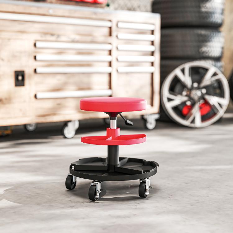 Swivel Workshop Stool with Wheels, Adjustable Height (40–51 cm) and 2 Trays, 135 kg Load Capacity – Red (for Garage)