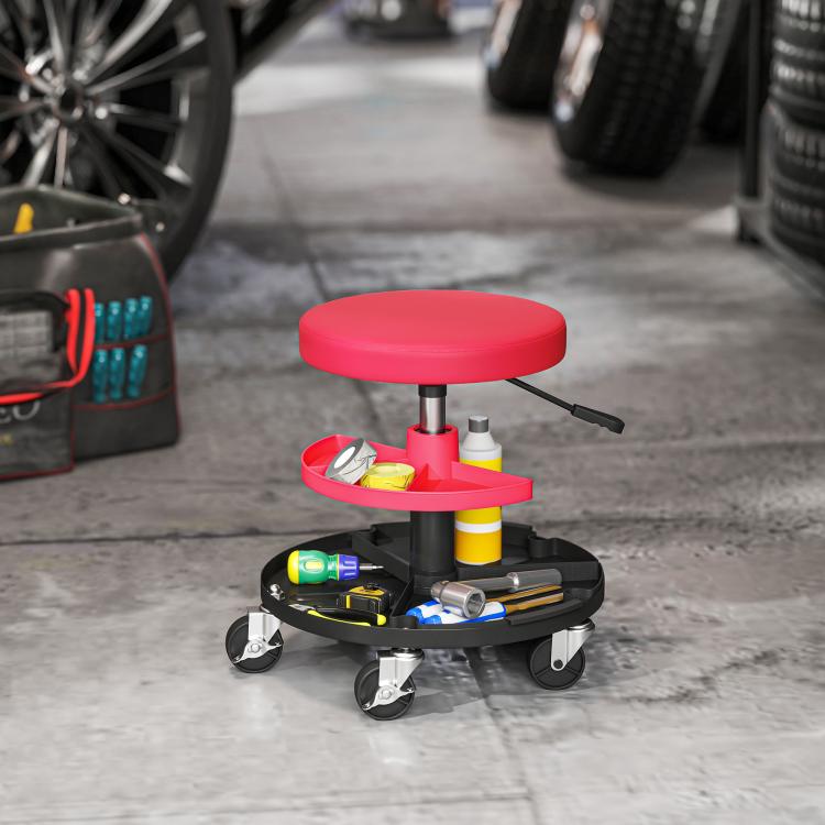 Swivel Workshop Stool with Wheels, Adjustable Height (40–51 cm) and 2 Trays, 135 kg Load Capacity – Red (for Garage)