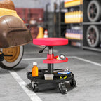 Swivel Workshop Stool with Wheels, Adjustable Height (40–51 cm) and 2 Trays, 135 kg Load Capacity – Red (for Garage)