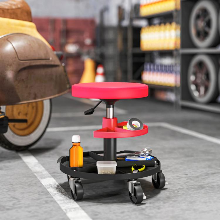 Swivel Workshop Stool with Wheels, Adjustable Height (40–51 cm) and 2 Trays, 135 kg Load Capacity – Red (for Garage)
