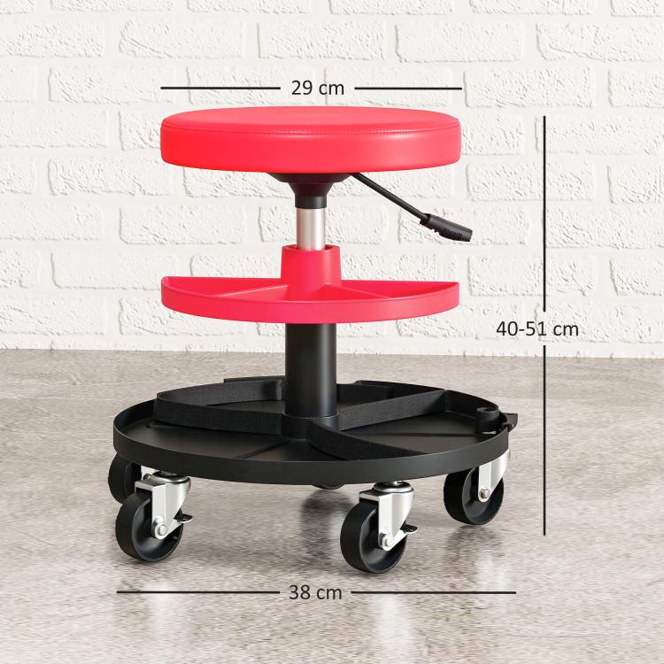 Swivel Workshop Stool with Wheels, Adjustable Height (40–51 cm) and 2 Trays, 135 kg Load Capacity – Red (for Garage)