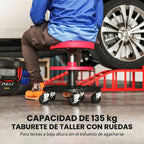 Swivel Workshop Stool with Wheels, Adjustable Height (40–51 cm) and 2 Trays, 135 kg Load Capacity – Red (for Garage)