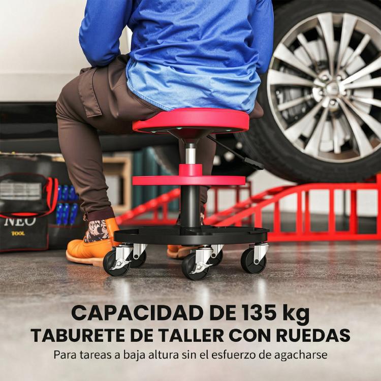 Swivel Workshop Stool with Wheels, Adjustable Height (40–51 cm) and 2 Trays, 135 kg Load Capacity – Red (for Garage)