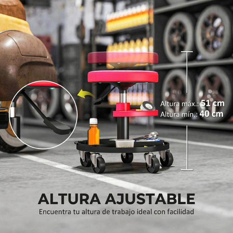Swivel Workshop Stool with Wheels, Adjustable Height (40–51 cm) and 2 Trays, 135 kg Load Capacity – Red (for Garage)
