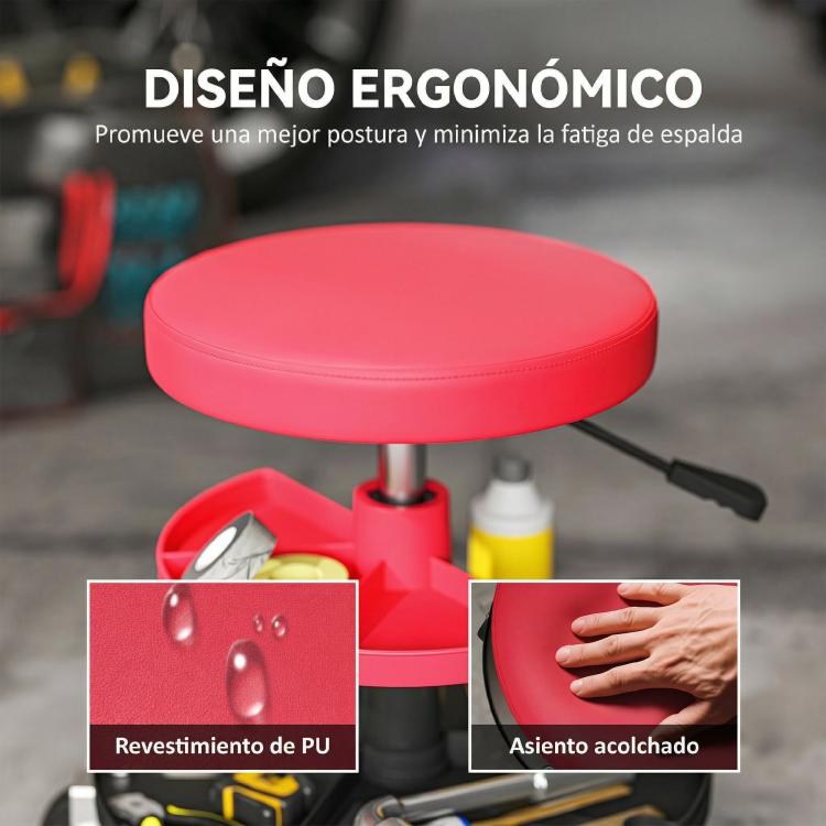 Swivel Workshop Stool with Wheels, Adjustable Height (40–51 cm) and 2 Trays, 135 kg Load Capacity – Red (for Garage)