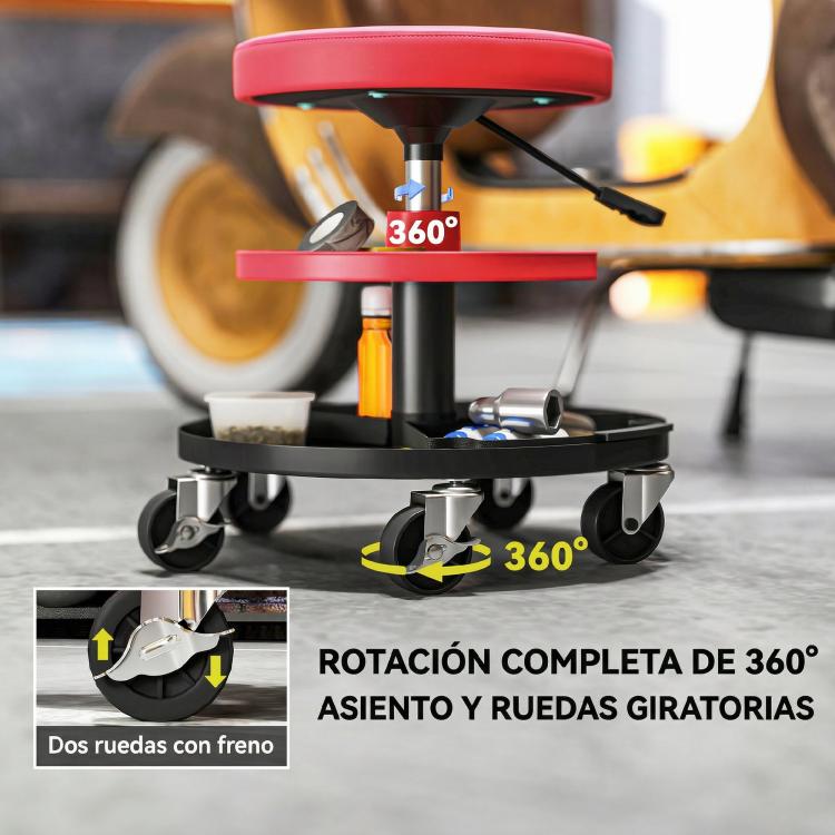 Swivel Workshop Stool with Wheels, Adjustable Height (40–51 cm) and 2 Trays, 135 kg Load Capacity – Red (for Garage)