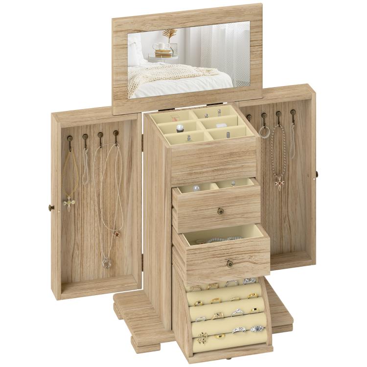 4-Tier Wooden Jewelry Box, Women Jewelry Organizer with 2 Drawers and Mirror for Earrings, Rings, and Necklaces, Natural