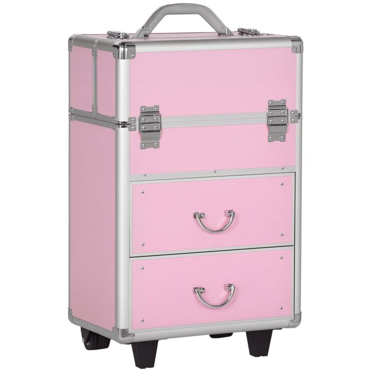 Professional Makeup Case with 6 Extendable Drawers and Key Lock – Pink (36x23x58cm)