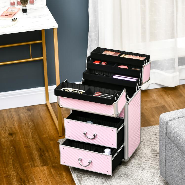 Professional Makeup Case with 6 Extendable Drawers and Key Lock – Pink (36x23x58cm) — view 10