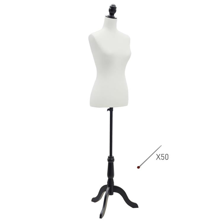 130–168 cm Height-adjustable Female Mannequin with Wooden Wripod Stand and 50 Colorful Pins, White