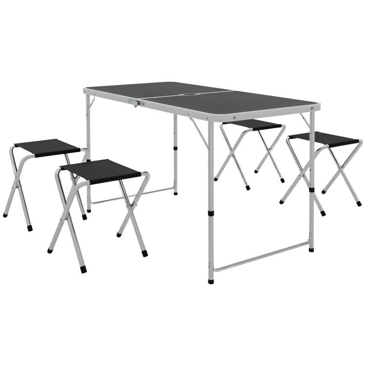 Folding Camping Table in Suitcase Style with 4 Folding Stools, Table 120x60x55-70 cm and Stools 33x28x37 cm, Black