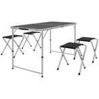 Folding Camping Table in Suitcase Style with 4 Folding Stools, Table 120x60x55-70 cm and Stools 33x28x37 cm, Black