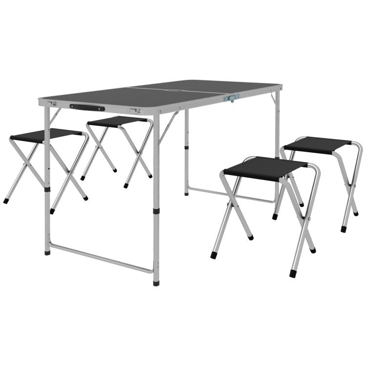 Folding Camping Table in Suitcase Style with 4 Folding Stools, Table 120x60x55-70 cm and Stools 33x28x37 cm, Black