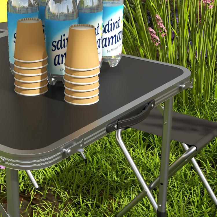Folding Camping Table in Suitcase Style with 4 Folding Stools, Table 120x60x55-70 cm and Stools 33x28x37 cm, Black