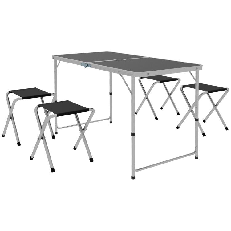 Folding Camping Table in Suitcase Style with 4 Folding Stools, Table 120x60x55-70 cm and Stools 33x28x37 cm, Black