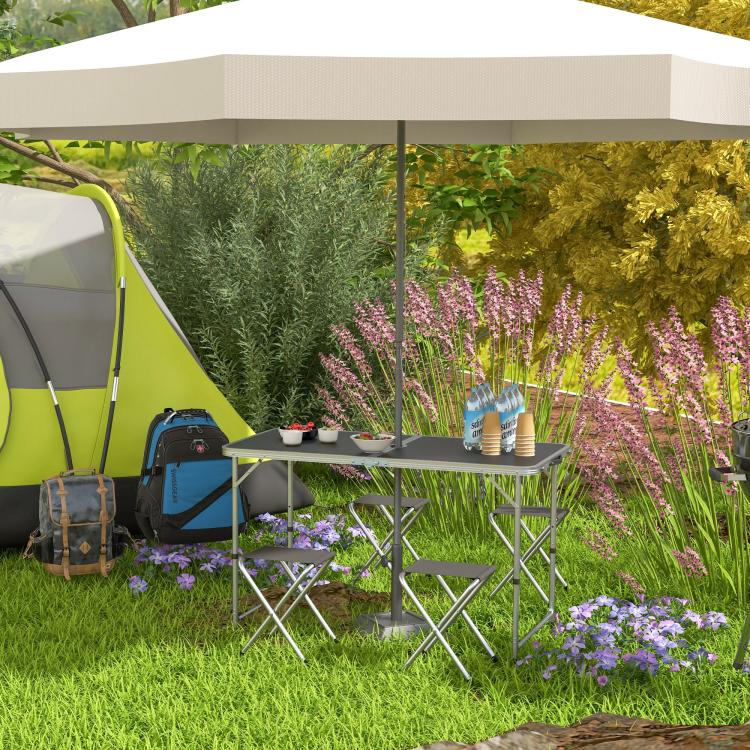 Folding Camping Table in Suitcase Style with 4 Folding Stools, Table 120x60x55-70 cm and Stools 33x28x37 cm, Black