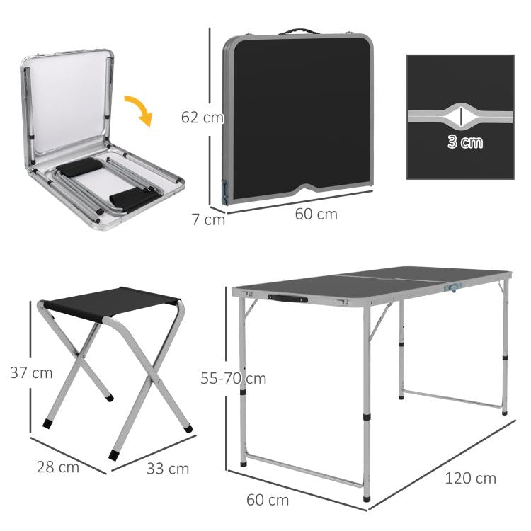 Folding Camping Table in Suitcase Style with 4 Folding Stools, Table 120x60x55-70 cm and Stools 33x28x37 cm, Black