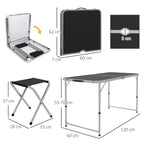 Folding Camping Table in Suitcase Style with 4 Folding Stools, Table 120x60x55-70 cm and Stools 33x28x37 cm, Black