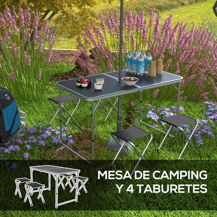 Folding Camping Table in Suitcase Style with 4 Folding Stools, Table 120x60x55-70 cm and Stools 33x28x37 cm, Black